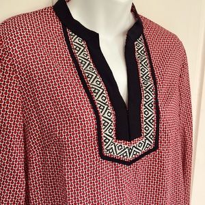 Talbots Split neck tunic with ribbon detail red white navy blue Cotton Small